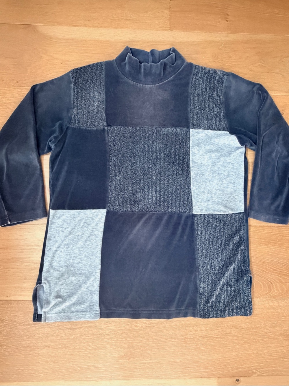VTG 80s Patchwork Velour Mock Turtleneck Top Charcoal Grey Petite L Grannycore